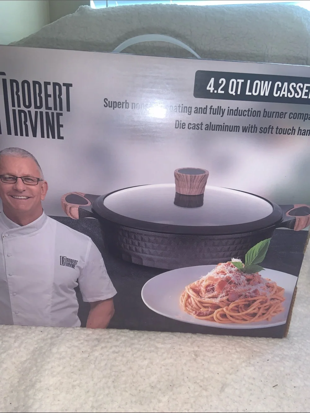 Robert Irvine Black Casserole with Wood-Tone Knob and Accents